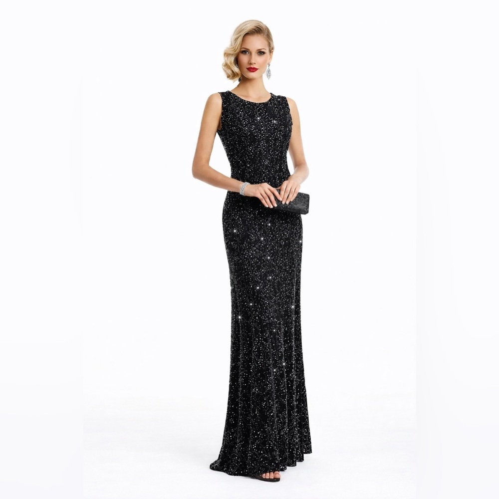 Vintage 90s Y2K Ronni Nicole Maxi Dress Women's 14P Black Silver Glitter Slinky